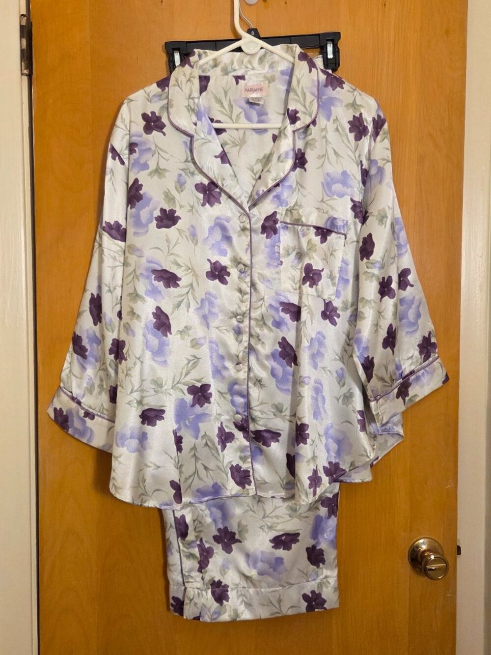 Vintage Marianne Satin 2 Piece Long Sleeve Pajama Set Womens 3X Purple Floral